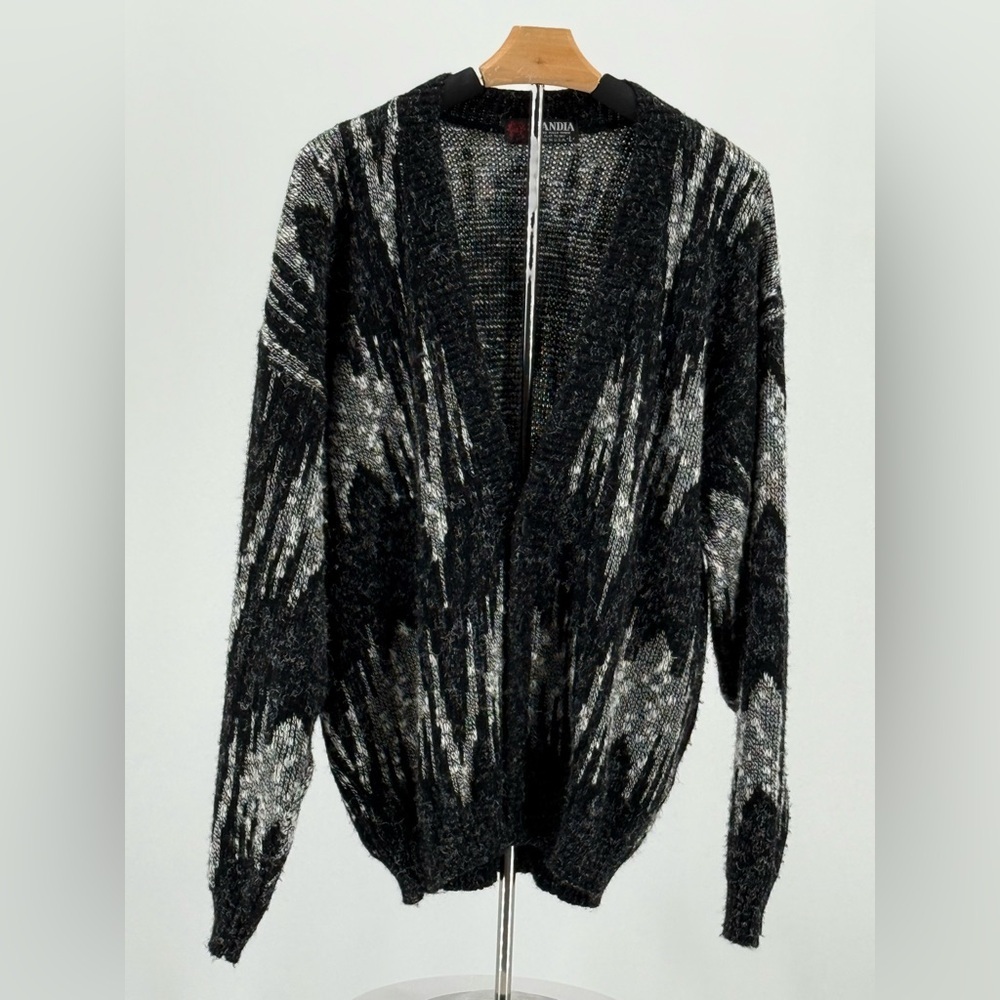 Scandia Mens Vintage Abstract Wool Button Cardigan Black White USA‎ Knit L Retro